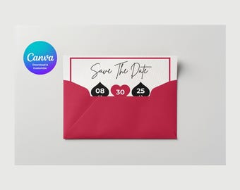 May include: A red envelope with a white card that says "Save The Date" in script. The card has the numbers 08, 30, and 25, with a heart and spade symbol. The Canva logo is in the upper left corner.