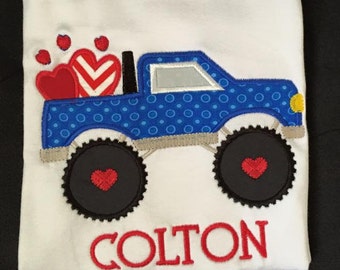 Niños personalizados apliques Valentín Monster Truck con corazón largo o corto manga camiseta o mono