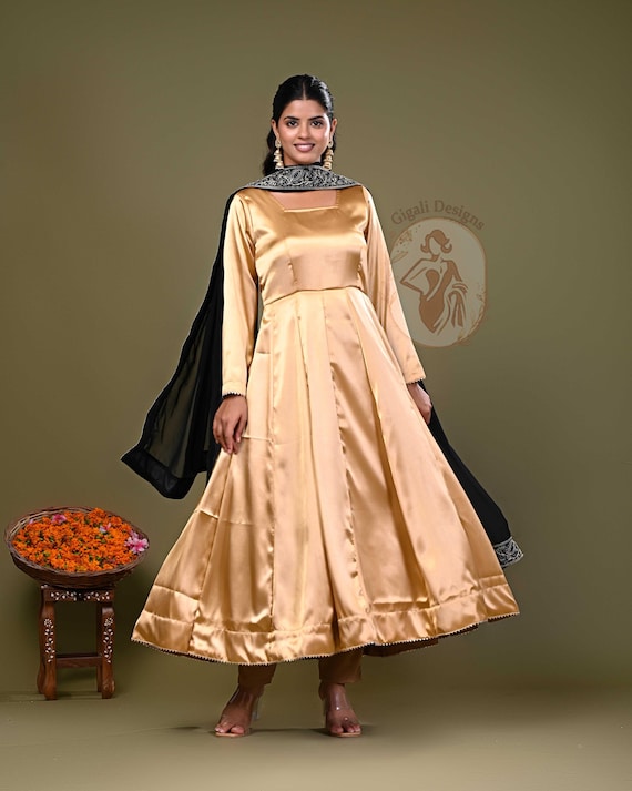 satin anarkali dress Sky Blue Satin Anarkali Suit With Printed Work For Wedding