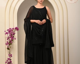 Black Sequin Chikankari Sharara Set with Georgette Dupatta, Partywear Evening Elegance