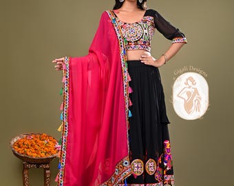 Navratri special Black mirror work lehenga choli with pink dupatta and lace work,Chaniya Choli for Dandiya night,Garba wear dress for women