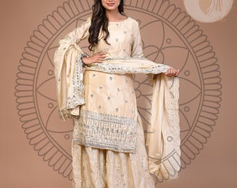 Cream white chinon suit set with shiny sharara and heavy work dupatta,cream white sharara suit set for women's,sharara suit for wedding wear