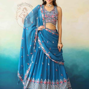 Teal Blue Thread Work Lehenga Choli with Dupatta, Partywear Embroidered Indian Outfit