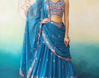Teal Blue Thread Work Lehenga Choli with Dupatta, Partywear Embroidered Indian Outfit