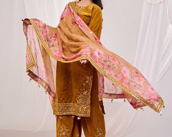 Mustard Velvet Suit Set with Sequined Embellishments and Printed Organza Dupatta,heavy velvet suit set,eid festival wear velvet dress