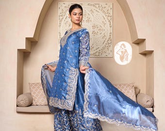 Blue Silk Kurti Palazzo Suit | Gold Embroidery Indian Wedding Wear