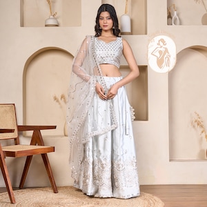 Silver Silk Lehenga with sleeveless Choli and Dupatta set,Sequin Bridal Partywear lehenga set for bridesmaid and wedding function guests