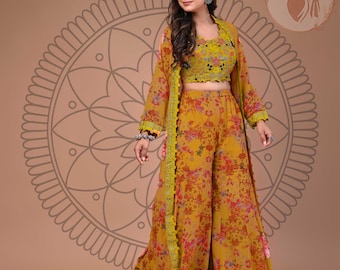 Floral Print Sharara Set: Embroidered Crop Top & Georgette Jacket