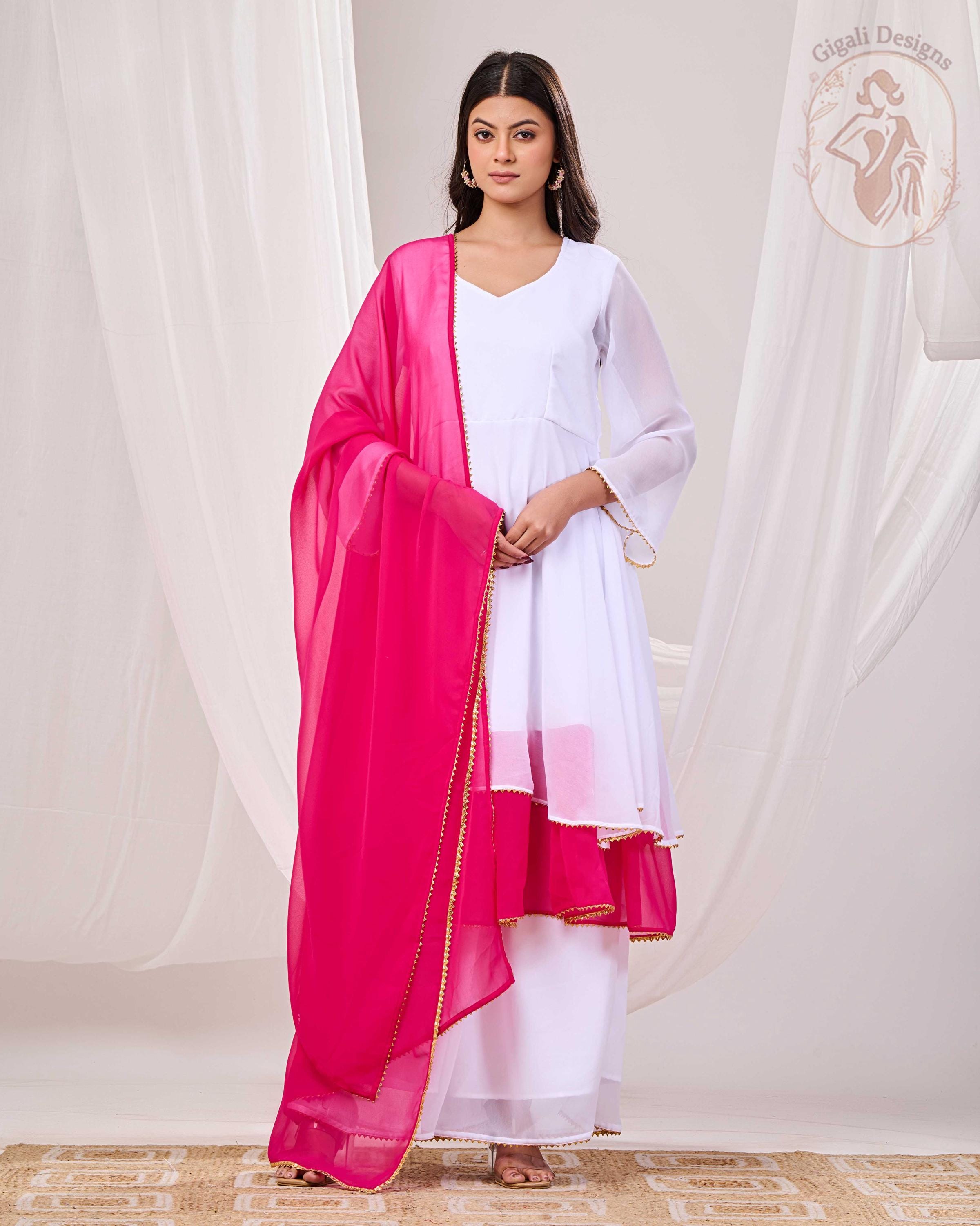 white and pink anarkali dress Off White & Pink Georgette Embroidered Festive Anarkali Suit