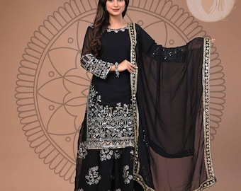 Black Georgette Sharara Suit | Silver Embroidery, Sequence Dupatta