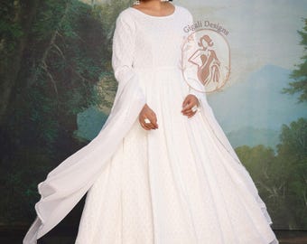 White Chikankari Anarkali Dress with Dupatta, Rayon chikankari anarkai set for women's,white heavy anarkali dress for women, partywear dress