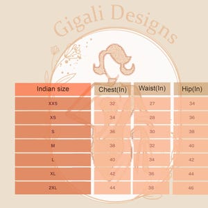 May include: A size chart with Indian sizes, chest, waist, and hip measurements in inches. The chart includes sizes from XXS to 2XL, with corresponding measurements. The Gigali Designs logo is at the top.
