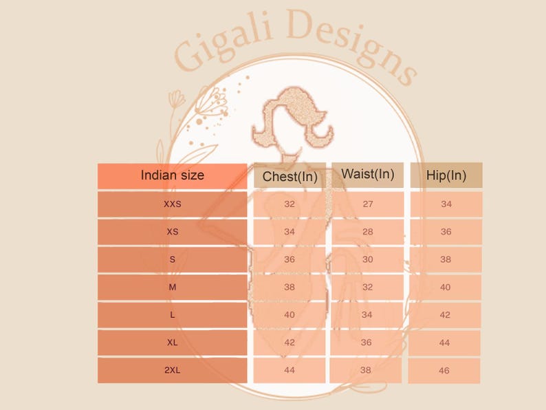 May include: A size chart with Indian sizes, chest, waist, and hip measurements in inches. The chart includes sizes from XXS to 2XL, with corresponding measurements. The Gigali Designs logo is at the top.