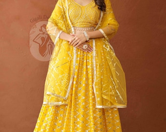 Haldi Special mustard Yellow embroidered Georgette Sequined Embroidered Lehenga Choli with Dupatta,haldi wear lehenga choli set for womens