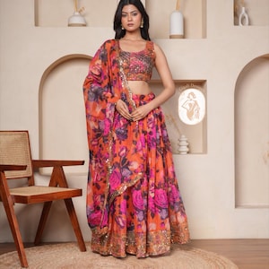 Conjunto Lehenga Choli floral rosa y naranja, blusa de diseñador sin espalda, falda dupatta con lentejuelas estampadas, ropa de fiesta de boda india para mujeres y niñas.