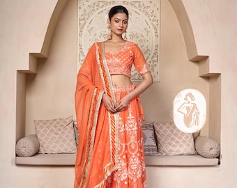 Orange Sequins Lehenga Choli with Embroidered Blouse, Wedding Guest Wear Party Outfit