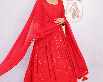 Venetian Red Chikankari Anarkali Dress, Georgette Dupatta, 3pc Suit