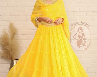 Yellow georgette anarkali Suit Set sequencework Dupatta & Stitched Pant, party wear anarkali dress for women,haldi wear anarkali dress