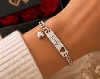 Personalized women's bracelet with engraving, gift for girlfriend, silver rose gold bracelet, Valentine's Day gift box