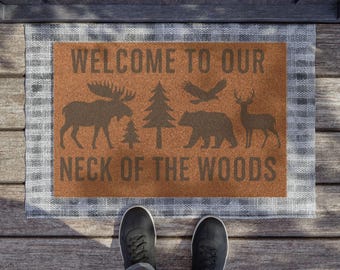 Felpudo rústico de fibra de coco con diseño de oso y alce / Alfombra de bienvenida para cabaña, alfombra para porche exterior.