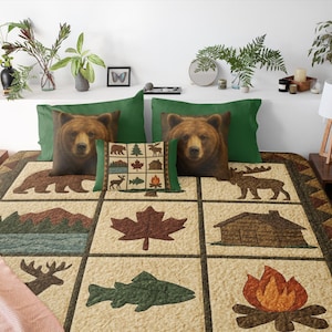 Edredón de retazos de animales salvajes / Ropa de cama rústica para cabaña, decoración de naturaleza con osos y alces, edredón de microfibra para cabaña, regalo
