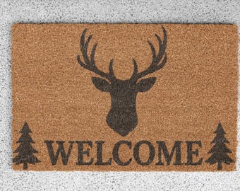 Felpudo rústico de fibra de coco con diseño de ciervo / Alfombra de bienvenida con diseño de pino para porche exterior