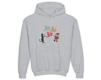 Youth Ho Ho Ho  Christmas Hoodie, Cute Kids Cat Holiday Sweatshirt, Funny Xmas Youth Pullover, Children Festive Hooded Sweater Gift.