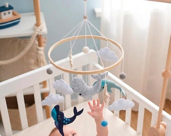 Ocean Sea Whale Baby Mobile + Matching Crib Hanging Toys Felt Marine Animals + Wooden Arm + Music Box, Nautical Nursery Decor, Newborn Gift