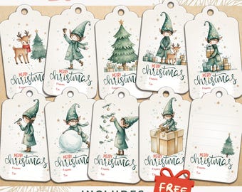 Printable Christmas Gift Tags Vintage Elf - Bundle 20, Whimsical Favor Holiday Labels, Instant Download