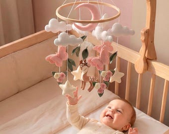 Deer Boho Baby Mobile for Woodland Nursery Decor: Pastel Felt Animals, Wooden Arm & Music Box, Baby Girl Shower Gift, Crib Hanging Toys