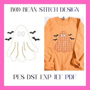 Könnte beinhalten: BOO BEAN STITCH DESIGN. Ein orangefarbenes Sweatshirt mit einem gestickten Geist im weiß-orangen Karomuster und vier schwarzen Fledermäusen. Der Geist hat zwei ovale Augen. Unter dem Design steht der Text PES DST EXP JEF PDF.