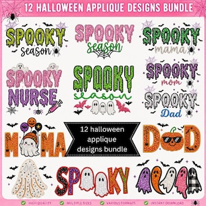 Könnte beinhalten: Eine digitale Sammlung von 12 Halloween-Applikationsdesigns mit Texten wie Spooky Season, Spooky Nurse, Spooky Mama, Spooky Mom, Spooky Dad und DAD. Die Grafiken enthalten Glitzertexturen, Geister, Fledermäuse, Spinnen, Kürbisse und Spinnweben.