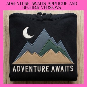 Diseño de bordado de aplique "La aventura te espera", archivo de bordado de aplique de montaña, diseño de bordado para acampar, patrón de bordado para senderismo