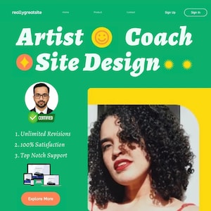 May include: A website design advertisement with a green background and white text that reads "Artist Coach Site Design." The image includes a headshot of a man with glasses and a woman with curly hair. Additional text includes "Certified," and service benefits.