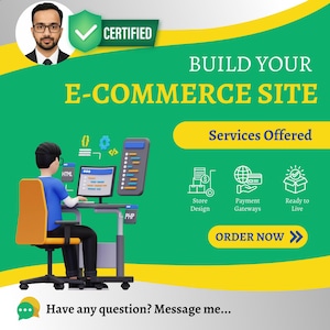 Può includere: Una grafica verde e gialla che promuove i servizi del sito di e-commerce. Il testo include "Build Your E-Commerce Site", "Services Offered" e "Order Now". Le icone rappresentano la progettazione del negozio, i gateway di pagamento e la prontezza ad andare online. Un personaggio dei cartoni animati è seduto a un computer.