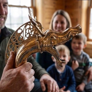 Puede incluir: Un bastón de color latón con un diseño de cabeza de dragón. El bastón presenta intrincados patrones calados y un mango curvo. La cabeza del dragón está detallada con escamas y un hocico prominente. El logotipo de Blacksmith's Table es visible.