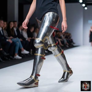 May include: Shiny metal leg armour with gold detailing and red straps. The armour is displayed on a catwalk, presenting a distinctive fashion piece. The design features articulated knee and ankle sections.