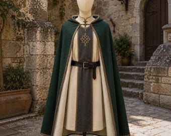 Medieval Hooded Cloak Robe, Ivory Knight Tunic with Green Cape, Fantasy LARP Costume, Renaissance Monk Robe, Ceremonial Medieval Outfit