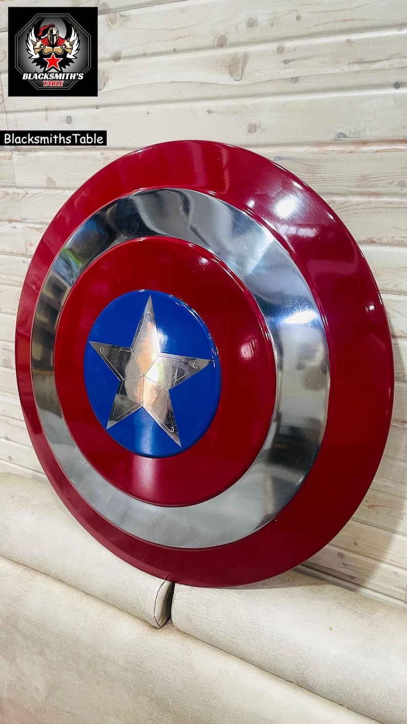May include: A red, silver, and blue shield with a star emblem. The shield has a circular design with a red outer ring, a silver middle ring, and a blue centre with a silver star. The text "Blacksmiths Table" is visible.