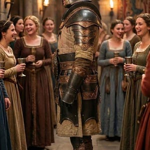 May include: A medieval knight in full armor stands in a hall, surrounded by people in period clothing. The armor is dark metal with decorative bronze accents. The scene is lit by torches and chandeliers, creating a historical atmosphere.