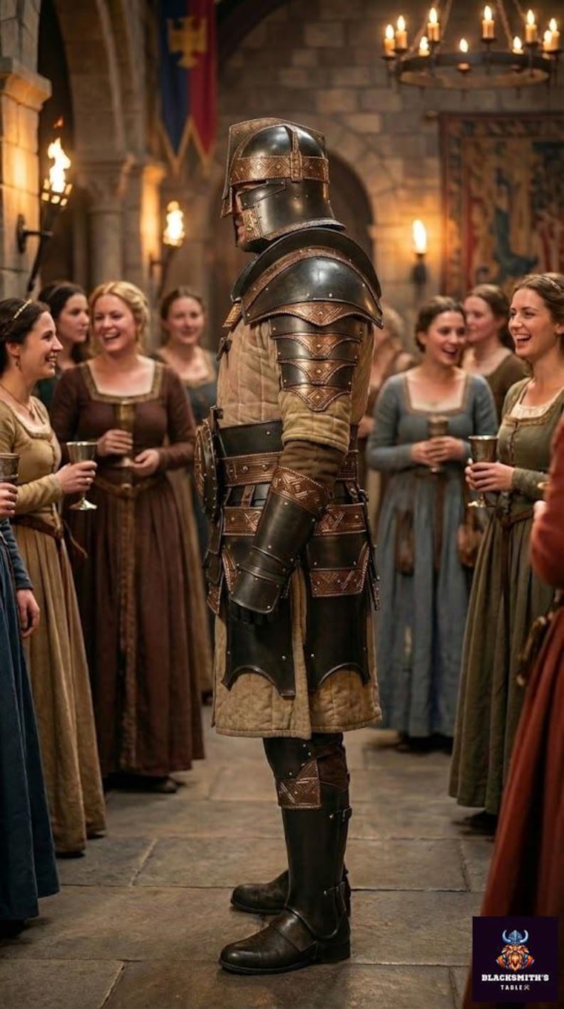 May include: A medieval knight in full armor stands in a hall, surrounded by people in period clothing. The armor is dark metal with decorative bronze accents. The scene is lit by torches and chandeliers, creating a historical atmosphere.