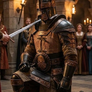 May include: A knight in full armor kneels, receiving a sword. The armor is brown and bronze, with intricate detailing. The scene is set in a medieval hall with torches and banners. The Blacksmith's Table logo is in the bottom right.