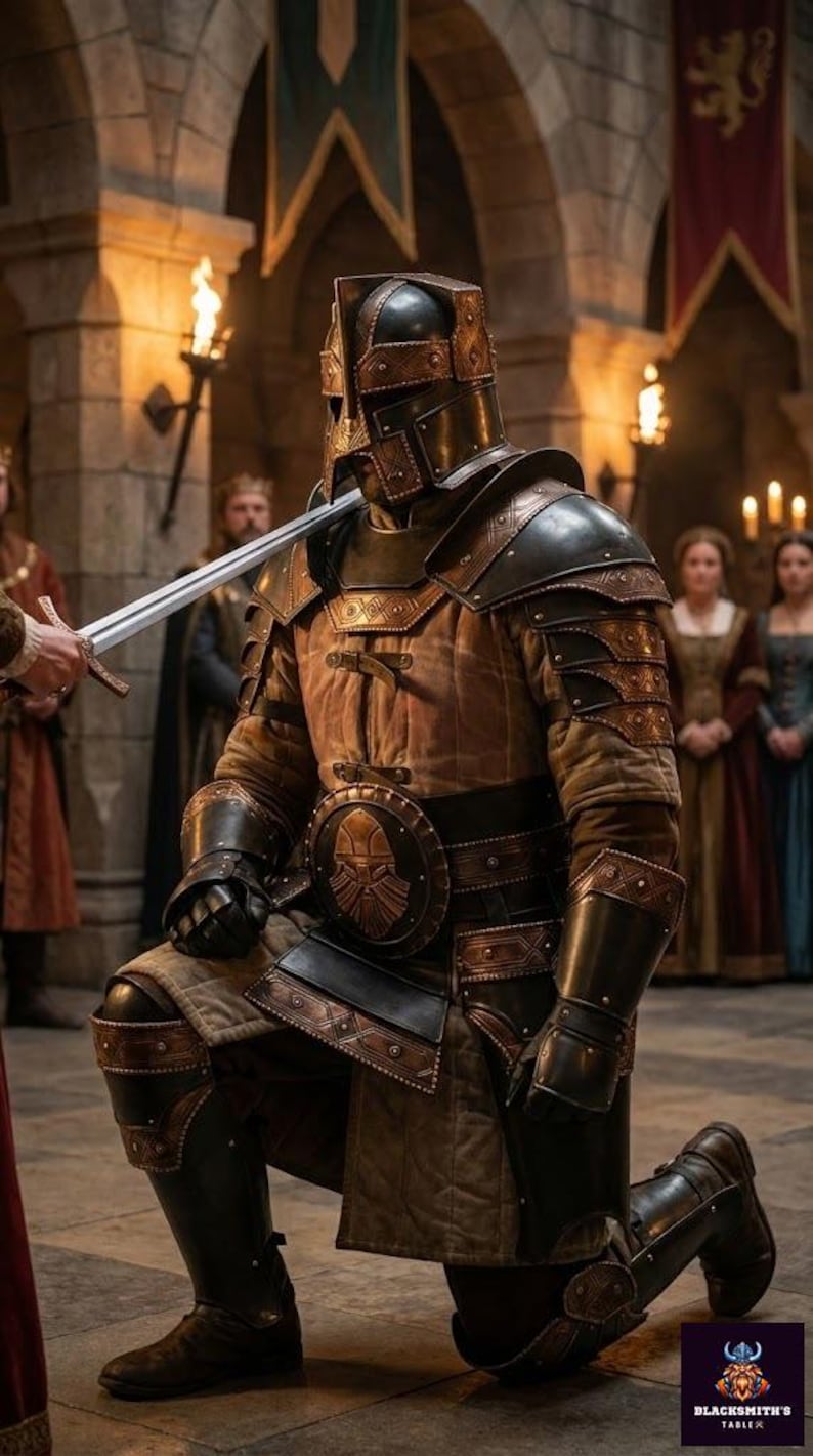 May include: A knight in full armor kneels, receiving a sword. The armor is brown and bronze, with intricate detailing. The scene is set in a medieval hall with torches and banners. The Blacksmith's Table logo is in the bottom right.