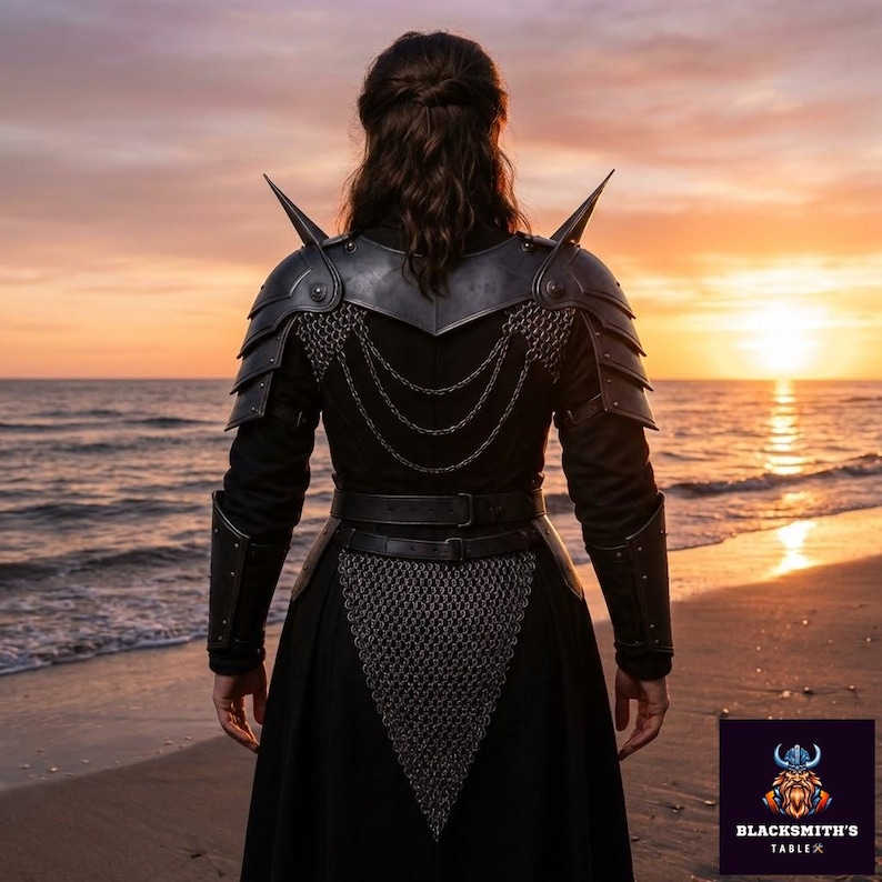 May include: A person wearing black armor with shoulder spikes, chainmail, and a belt, standing on a beach at sunset. The armor has a metallic appearance. The Blacksmith's Table logo is in the bottom right corner.