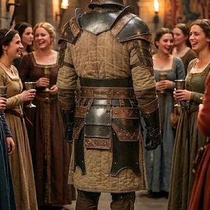 May include: A medieval knight in full armor, viewed from the back, stands in a hall. The armor is a mix of dark metal and tan quilted fabric. Women in medieval gowns surround the knight, some holding goblets. The scene is lit by torches and chandeliers.