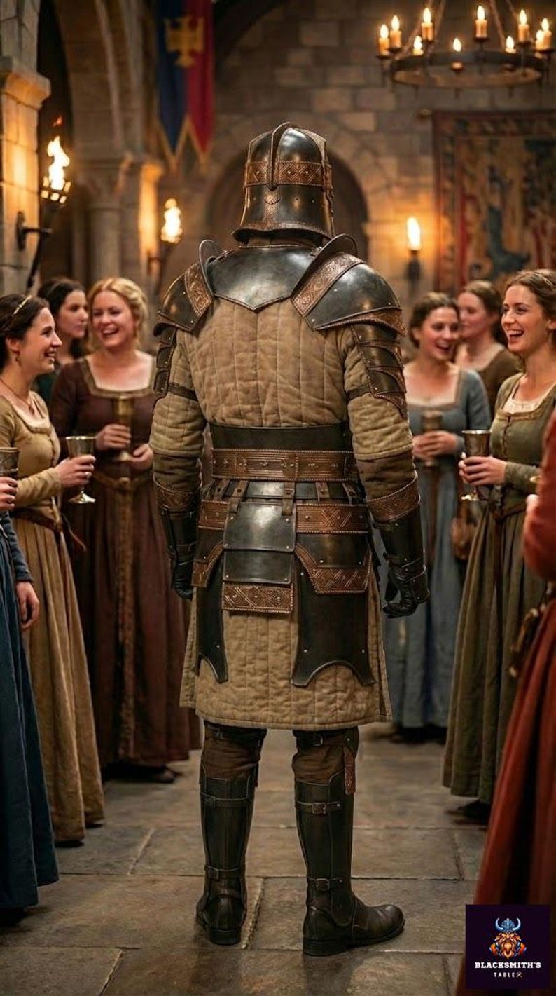 May include: A medieval knight in full armor, viewed from the back, stands in a hall. The armor is a mix of dark metal and tan quilted fabric. Women in medieval gowns surround the knight, some holding goblets. The scene is lit by torches and chandeliers.