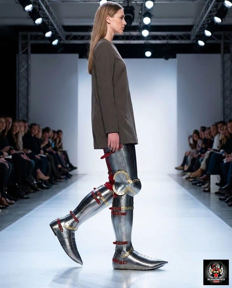 May include: A model on a runway wears a long-sleeved, olive-green top and metallic leg armour. The armour is silver with red straps and gold accents at the knees. The runway is white, and an audience is seated on either side.
