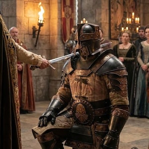 May include: A knight in full armor kneels as a sword touches their shoulder in a medieval ceremony. The armor is a mix of brown and black, with intricate detailing. The scene takes place in a stone hall with onlookers.