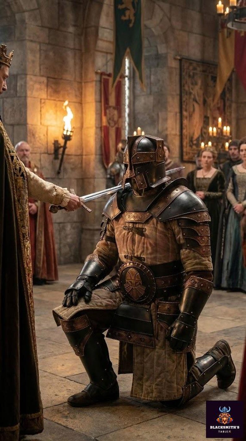 May include: A knight in full armor kneels as a sword touches their shoulder in a medieval ceremony. The armor is a mix of brown and black, with intricate detailing. The scene takes place in a stone hall with onlookers.
