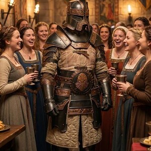 May include: A medieval knight in full armor stands in a hall, surrounded by women in period dresses. The armor is black and bronze, with a quilted undergarment. The scene is lit by candlelight, creating a warm, historical atmosphere.